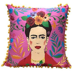 Talking Tables Kussen en overtrek Frida Kahlo Roze met Pompons | Boho Decoratief Kussen voor Woondecoratie, Inspirerende cadeaus voor Vrouwen, Slaapkamer, Bank, Stoel