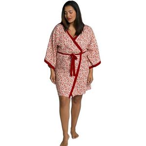 Ulla Popken kimono, bloemenkraag, sjaalkraag, riem, voor het binden van slaapkamers, Scarlet-alarm, Eén maat, grote maat voor dames, Scarlet, Eén maat, Scarlet alarm