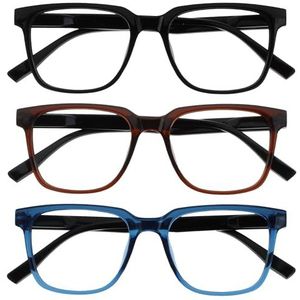 OPULIZE LEO Lunettes de lecture - Lot de 3 - Grande monture rectangulaire - Noir, marron, bleu - Homme Femme - Charnières à ressort - RRR55-123 - +1,50
