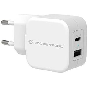 Conceptronic ALTHEA09W USB-C PD oplader met 2 poorten, 20 W, 1 USB-C/1 poort USB-A PD/wit