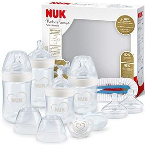 NUK Nature Sense babyflessenset voor geboorte | 0-18 maanden | 4 anti-koliek-flessen, fopspeen en flessenborstel plus andere accessoires | wit (hart) | 9 stuks