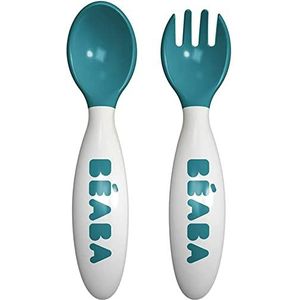 BÉABA, Set van 2 ergonomische bestekjes voor de 2e leerleeftijd, vanaf 8 maanden, gemakkelijke grip voor baby, geschikt voor rechts- en linkshandigen, inclusief draagtas, blauw