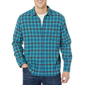 Amazon Essentials Heren geruit flanellen overhemd lange mouwen slim fit geruite stof zwart groenblauw XS