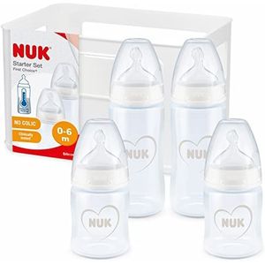 NUK First Choice+ Starterset flesjes | 0-6 maanden | 4 flessen met temperatuurcontrole en een flessenvak | Anti-koliek | BPA vrij | wit (hart) | 5 stuks