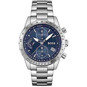 BOSS 1513850 Quartz chronograaf herenhorloge met zilveren roestvrijstalen armband, Zilver/Blauw, armband