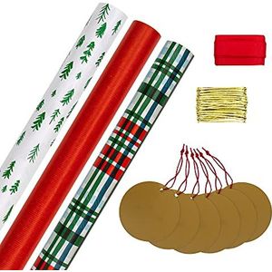 Hallmark Klassieke kerstcadeauset: 3 rollen papier + 2 bijpassende linten en 6 bijpassende etiketten