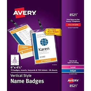 Avery Badges nominatifs personnalisables, 15,2 x 10,8 cm, 75 porte-badges verticaux avec cordons de serrage, inserts imprimables pour étiquettes nominatives avec billets (8521)