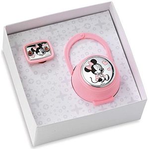 Disney Clip-fopspeen, draagkoord met zilveren doos, ideaal als cadeau voor geboorte baby of doop (roze)