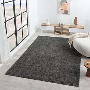 VIMODA Prime Shaggy hoogpolig gemêleerd tapijt, modern vloerkleed voor woonkamer of slaapkamer, afmetingen: 150 cm vierkant - Antraciet, rond, Ø 80 cm