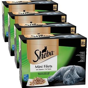 Sheba Mini-sausnetten voor volwassen katten, natvoer voor katten, selectie land en zee, vershoudzak, 48 x 85 g