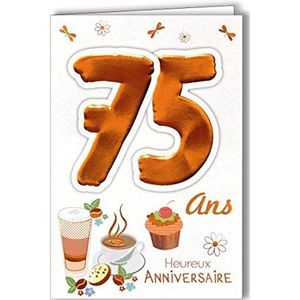 Age Mv 69-2041 verjaardagskaart, 75 jaar, voor heren en dames, motief: cupcake, warme chocolade, koffie, thee