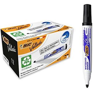 BIC Velleda 1701 ECOlutions droog uitwisbare whiteboardmarkers (perfect voor school en kantoor/medium ronde punt) - zwart, 12 stuks