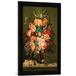 Ambrosius Bosschaert de jonge bos bloemen in glazen vaas met ring, kunstdruk op hoogwaardige fotolijst, handgemaakt, mat zwart 40 x 60 cm