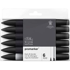 Winsor & Newton ProMarker 0290116 professionele marker set van 6 2 punten, fijn en breed voor tekeningen, design en lay-out, verpakking van 6 (6 x 5 x zwart en mixer)