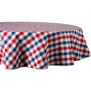DII Rond tafelkleed van katoen, rood, wit en blauw ruitpatroon, 177,8 cm