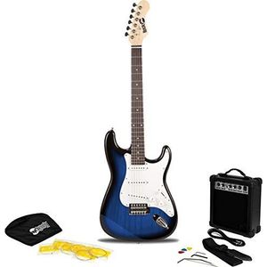 Rockjam Blueburst elektrische gitaarset in volledige grootte met gitaarversterker, 10 W, cursus, riem, concerttas, picks, whammy, loodsnaren en reservesnaren