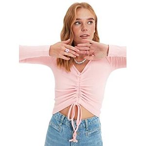 TRENDYOL Chemisier en tricot pour femme, coupe ajustée, col polo, asymétrique, Rose, XS