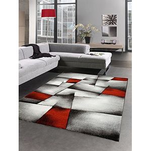 CARPETIA Modern tapijt met ronde pool, voor woonkamer, samenvatting, ruit, zwart, grijs, wit, rood, afmeting 80 x 150 cm