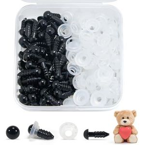 100 stuks veiligheidsogen voor dieren, gehaakte kunststof ogen met pluche sluitringen, poppenogen, zwart, voor pop, pluche en teddybeer (diameter 6-12 mm)