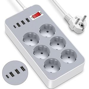 Stekkerdoos met USB, stekkerdoos met 6 stopcontacten en 4 USB-poorten (3 USB A+1 USB C), stekkerdoos met schakelaar en overspanningsbeveiliging voor thuis, keuken, kantoor