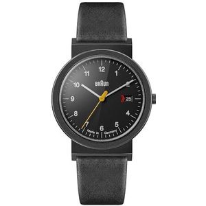 Braun Zwitsers kwartshorloge met 3 handen analoog display, gemaakt in Duitsland, zwarte wijzerplaat en zwarte leren band, 39 mm zwarte roestvrijstalen kast, model AW10EVOB.,, zwart., armband