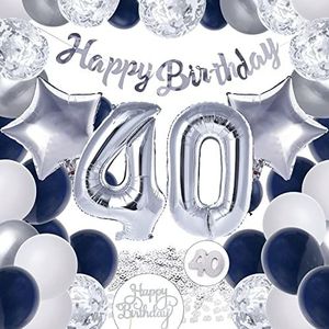 PartyWoo, 38 stuks zilver, 40e, folieballonnen, ster Happy Cake Garland voor heren, verjaardagsdecoratie 40 jaar