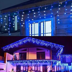 LIGHTNUM Lichtgordijn, 14 m, kerstgordijn, voor buiten, met stopcontact, led-lichtketting met 8 modi, IP44, voor balkon, tuin, buiten en binnen, koud wit en blauw