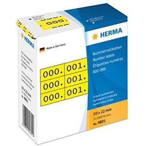 HERMA - Nummeretiketten 0-999, 10 x 22 mm, zwart, drievoudig, zwart op geel papier