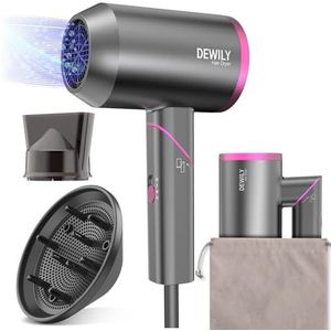 DEWILY Sèche-cheveux ionique, avec diffuseur, pliable, petit, silencieux, avec 3 niveaux de chauffage (gris, 2 buses)