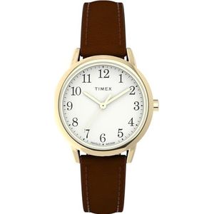 Timex Easy Reader 30 mm dameshorloge - bruine band, witte wijzerplaat, gouden kast TW2W32600, Bruin