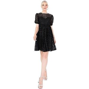 Lovedrobe Women's Mini Dress Ladies Short Sleeve Puff Animal Lace Keyhole Back Tie Empire High Waistline A-Line for Party Cocktail Robe Femme, Noir, 36