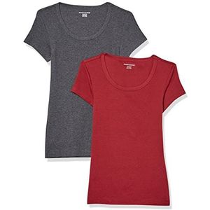 Amazon Essentials Set van 2 T-shirts voor dames met korte mouwen en ronde hals, slim fit, antraciet gemêleerd/wijnrood, maat M