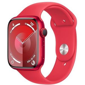 Apple Watch Series 9 (45 mm GPS) Smartwatch met aluminium behuizing en sportarmband in rood (S/M). Track fysieke activiteit en zuurstof in het bloed en ECG, waterbestendig, altijd actief
