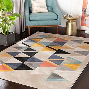 Surya Marietta Scandinavisch geometrisch tapijt - groot tapijt voor woonkamer, eetkamer, slaapkamer, keuken - Bohemian chic design, Berbery, modern laagpolig tapijt, 160 x 220 cm - beige, oranje,