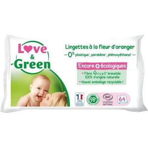 Love & Green Lingettes à la Fleur d'Oranger écologique, Paquet de 64 Lingettes, Certifiée Cosmo Natural par ECOCERT et FSC