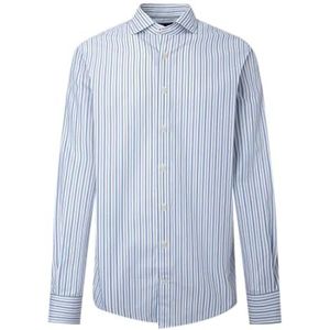 Hackett London Slub Mel Stripes heren T-shirt knopen wit blauw XL, Wit, Blauw