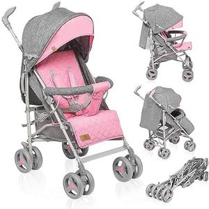 LIONELO Irma kinderwagen 15 kg, licht en compact, rugleuning tot ligpositie, grote mand met snelvouwsysteem, muggennet, voetenwarmer, roze