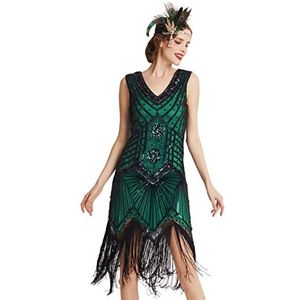 BABEYOND Dames flapper jurken jaren 1920 V-hals kralen franjes Great Gatsby jurk, Donkergroen, 3XL