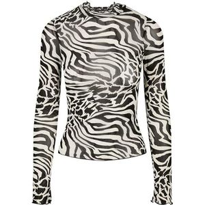 Urban Classics AOP Damesshirt met lange mouwen, rolkraag, mesh, Wit/Zwart