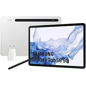 Samsung Galaxy Tab S8 met oplader, 11 inch tablet (8 GB RAM, 128 GB geheugen, 5G, Android 12) zilver, Spaanse versie