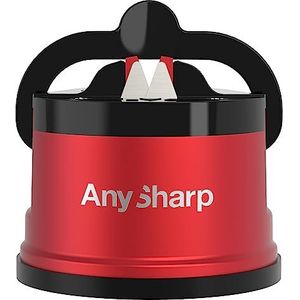 Anysharp Pro messenslijper van metaal, handenvrije veiligheid, PowerGrip zuignap, slijpen alle keukenmessen, ideaal voor gehard en gekarteld staal, het beste ter wereld, rood metaal