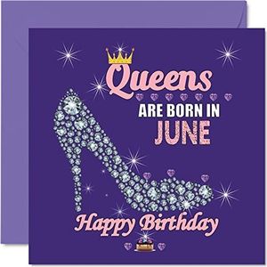 Verjaardagskaarten voor vrouwen – Queens Are Born In June – verjaardagskaarten voor vrouw, vriendin, moeder, dochter, zus, oma, tante, vriendin, 145 mm x 145 mm, grappige wenskaarten, cadeau-idee