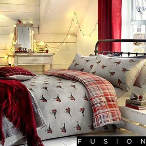 Fusion Robin Classic, Dekbedovertrekset van Schotse stof, voorzijde en vogels aan de achterkant, dekbedovertrek, katoen, meerkleurig, eenpersoonsbed