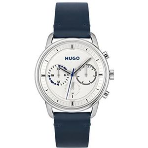 HUGO Herenhorloge, analoog, multifunctioneel, kwarts, met blauwe leren armband, 1530233, wit, Wit., riem