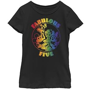Disney T-shirt Mickey Fabulous Five Group Rainbow Girls, zwart, XS, zwart.