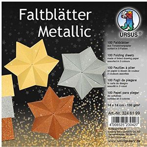 Ursus 3246199 - metallic vouwbladen, tekenpapier, 130 g/m², 100 vellen in 3 kleuren, ca. 14 x 14 cm, gekleurd, hoge kleurglans en lichtbestendigheid, ideaal voor mooie vouwfiguren