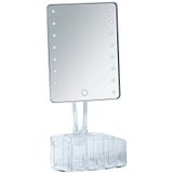 WENKO Trenno Led-staande spiegel met organizer, make-upspiegel met ledverlichting, draaibare touch-functie voor variabele helderheid, werkt op batterijen, 17 x 36 x 12,5 cm