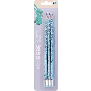 HB potloden - met geïntegreerde gum - blauw - blisteretui met 3 potloden