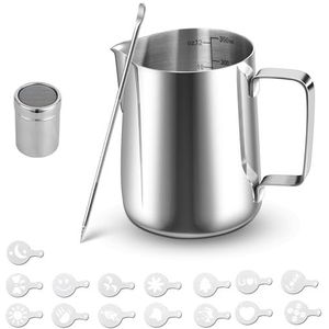 Melkkan, 350 ml, roestvrij staal, merkmaat, cacaostrooier, 16 sjablonen en Latte Art pennen, melkkan voor cappuccino, espresso, latte art, koffieliefhebbers, zilver
