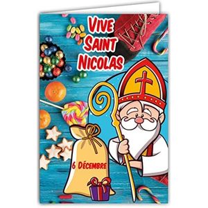 Afie 68-1304 kaart Vive Saint Sinterklaas, rood, glanzend, bonnfeest, 6 december, snoep, lekkernijen
